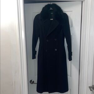 Vintage United Colors Of Benetton Black Faux Fur Removable Collar Trench Coat